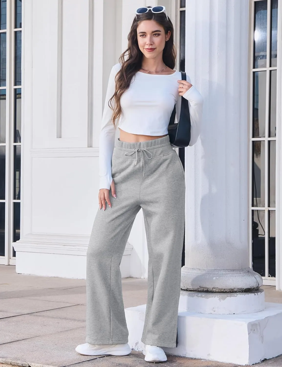 MAGCOMSEN Women's Wide Leg Sweatpants Fleece Lined Lounge Pants High Waisted Baggy Warm Winter Pants with Pockets