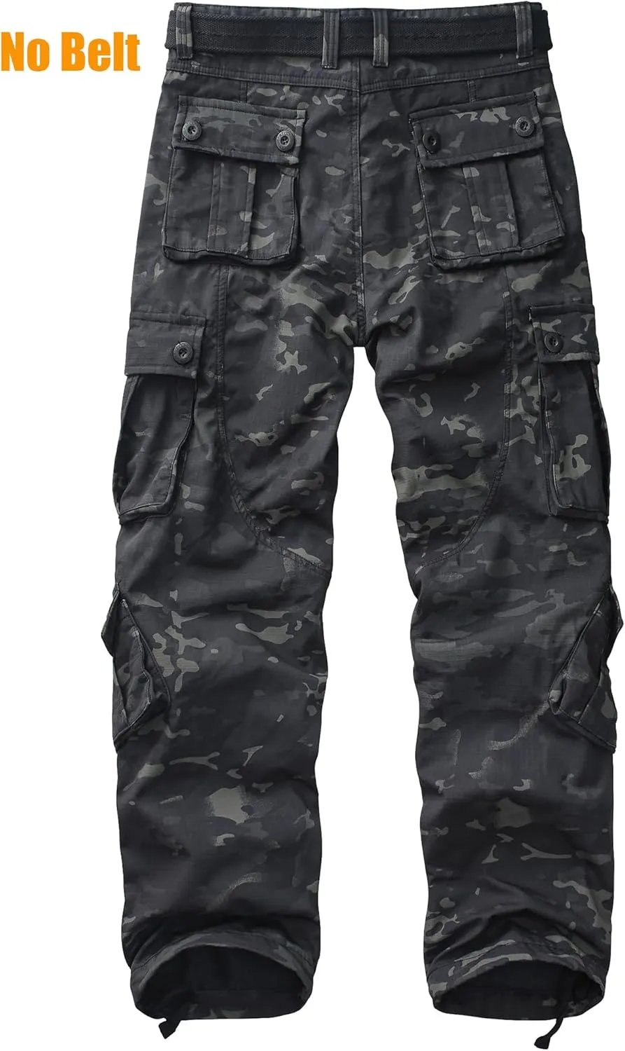 Men's Fleece Lined Camo Hiking Tactical Ripstop Pants Winter Outdoor Work Cargo Pants with 8Pockets No Belt