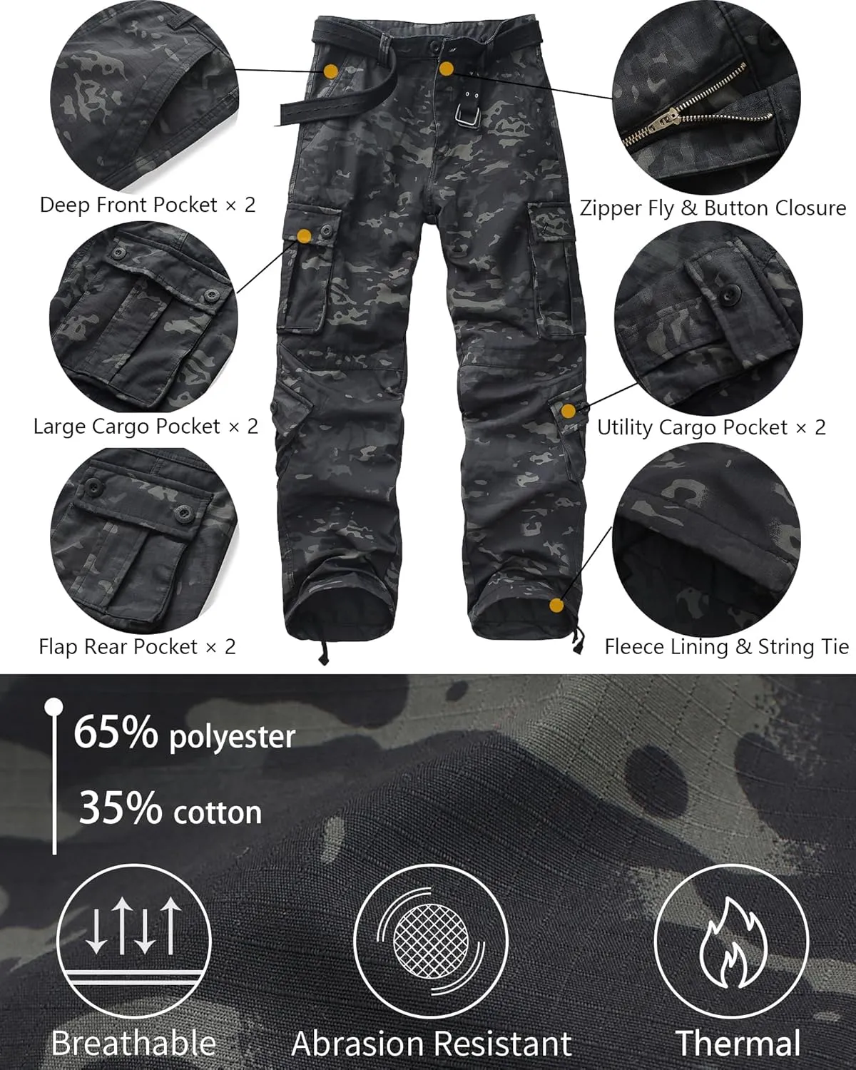 Men's Fleece Lined Camo Hiking Tactical Ripstop Pants Winter Outdoor Work Cargo Pants with 8Pockets No Belt