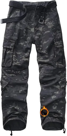 Men's Fleece Lined Camo Hiking Tactical Ripstop Pants Winter Outdoor Work Cargo Pants with 8Pockets No Belt