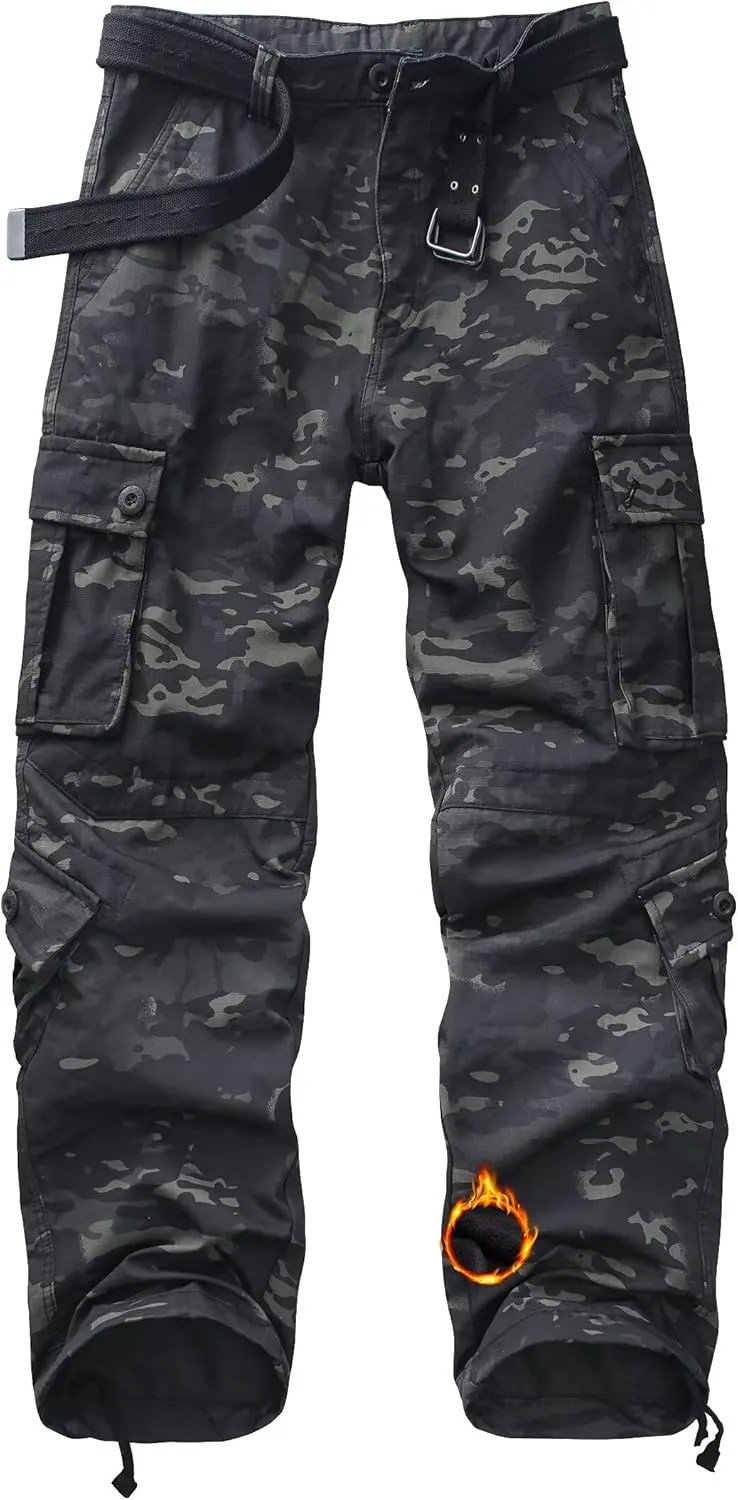 Men's Fleece Lined Camo Hiking Tactical Ripstop Pants Winter Outdoor Work Cargo Pants with 8Pockets No Belt