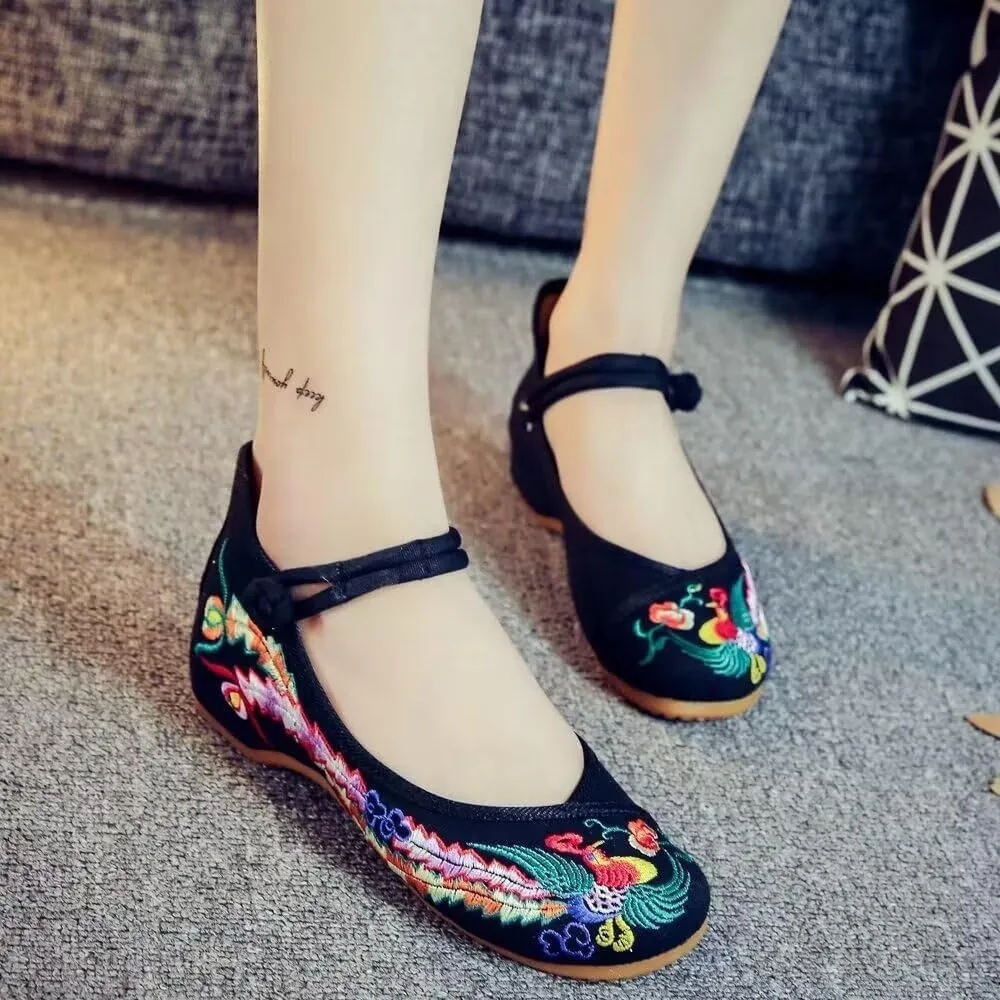 TN TANGNEST Women's Floral Embroidered Vintange Buckle Flat Shoes Round Toe Dress Mary Jane Shoes
