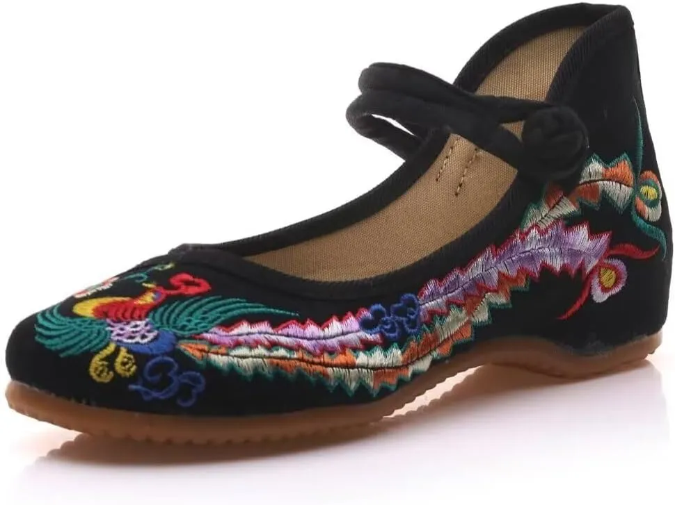 TN TANGNEST Women's Floral Embroidered Vintange Buckle Flat Shoes Round Toe Dress Mary Jane Shoes