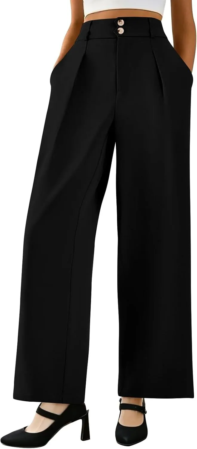Wide Leg Dress Pants Women Baggy Button High Waisted Palazzo Pants Comfy Flowy Business Casual Slacks with Pockets