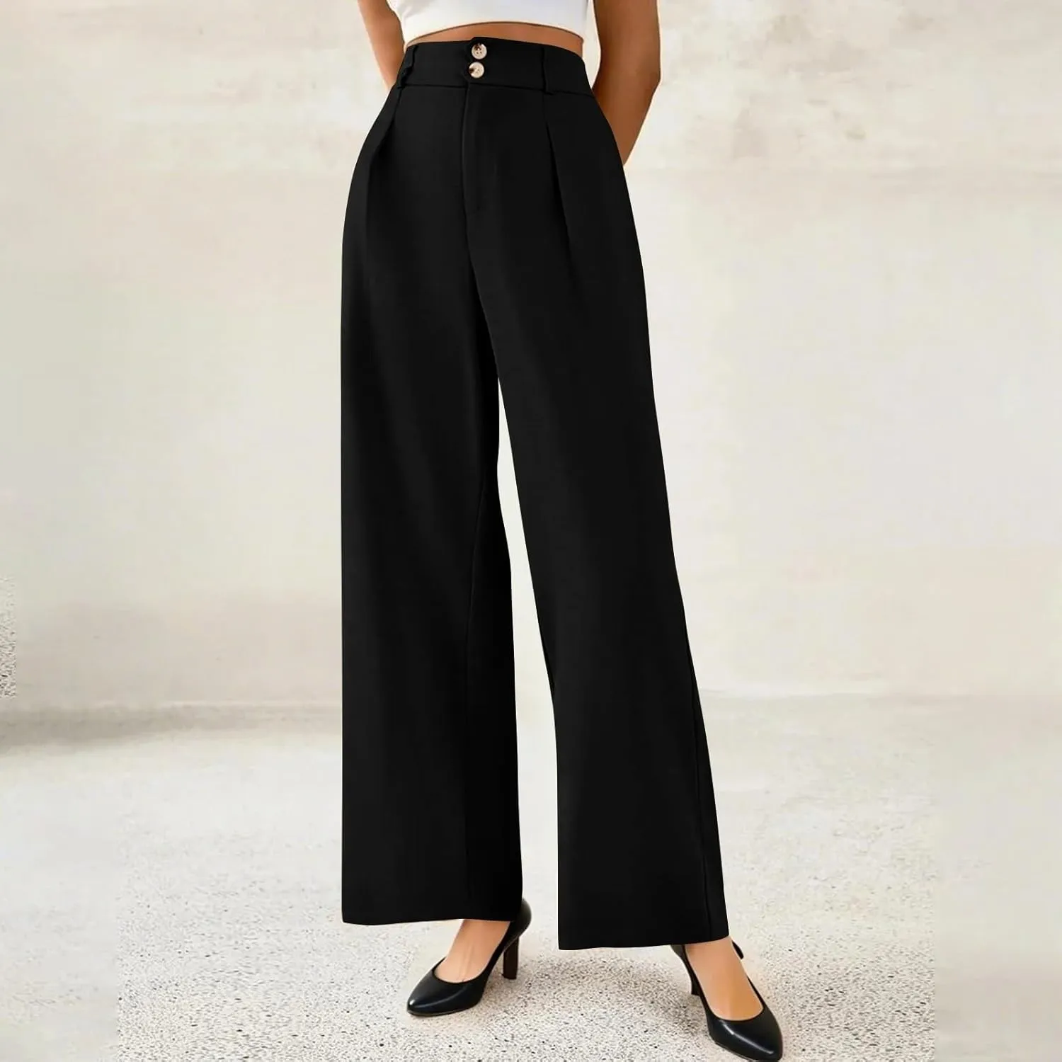 Wide Leg Dress Pants Women Baggy Button High Waisted Palazzo Pants Comfy Flowy Business Casual Slacks with Pockets