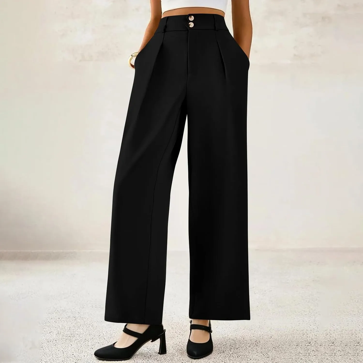 Wide Leg Dress Pants Women Baggy Button High Waisted Palazzo Pants Comfy Flowy Business Casual Slacks with Pockets