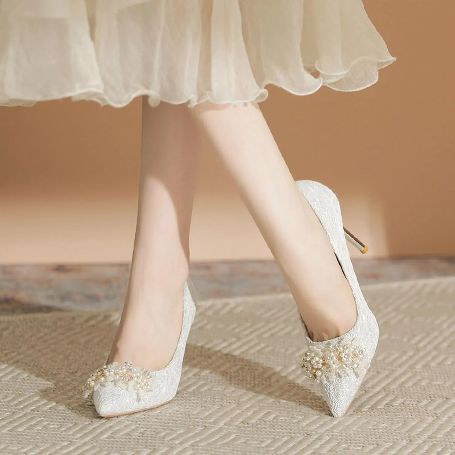 Women's Pointed Closed Toe High Heel Pumps Dressy Pearl Flowers Lace Mesh Bridal Wedding Stilettos Heels Comfort Slip On Party Prom Dress Pumps