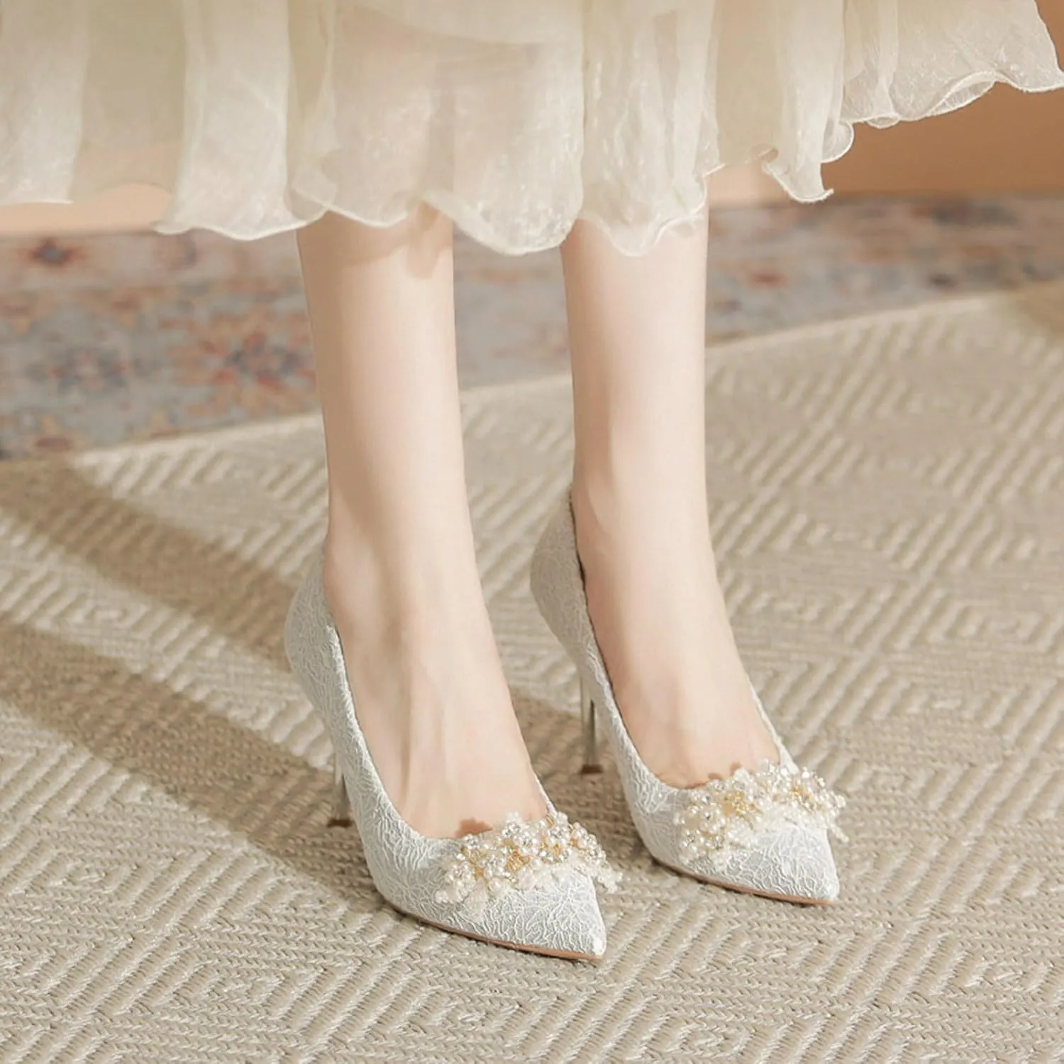 Women's Pointed Closed Toe High Heel Pumps Dressy Pearl Flowers Lace Mesh Bridal Wedding Stilettos Heels Comfort Slip On Party Prom Dress Pumps