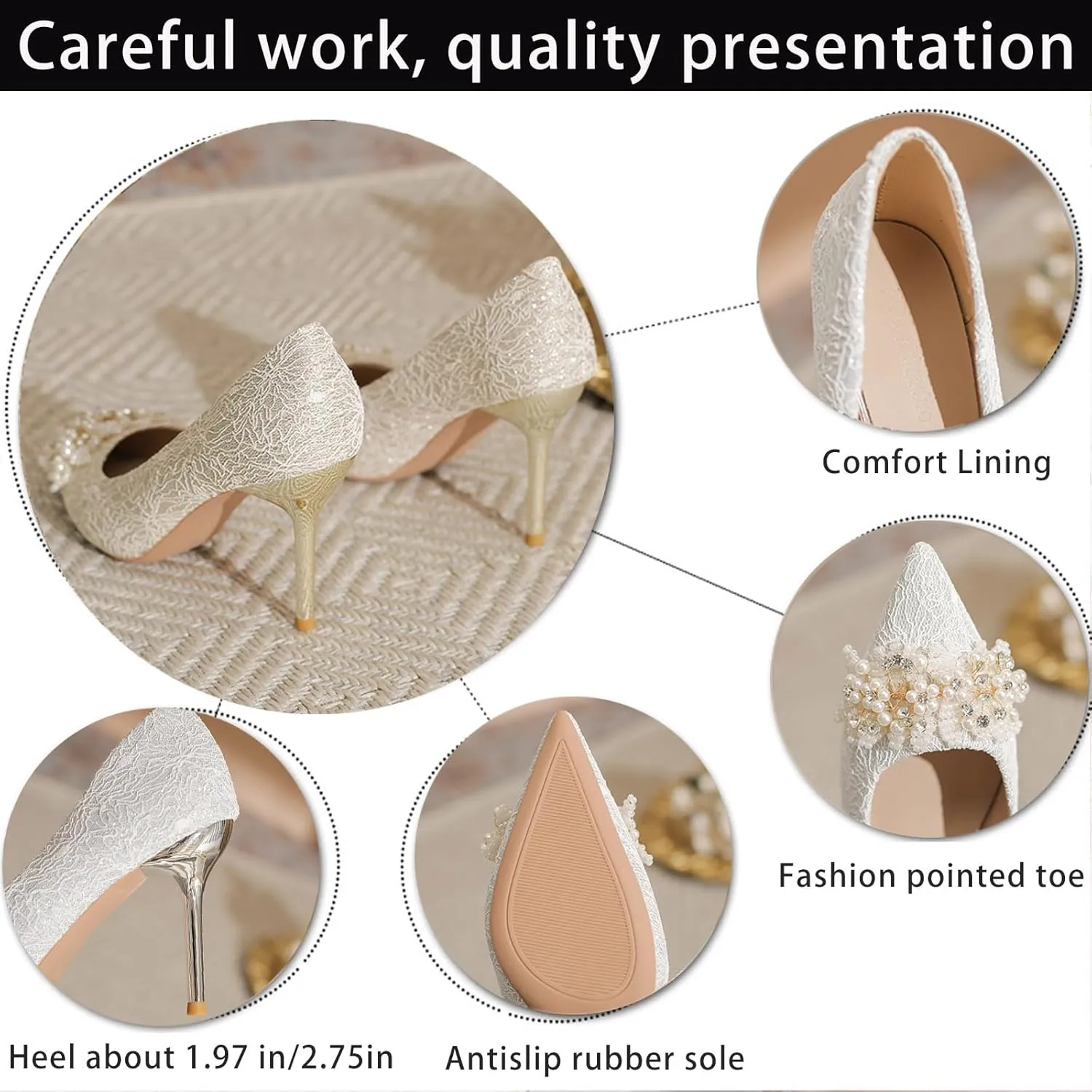 Women's Pointed Closed Toe High Heel Pumps Dressy Pearl Flowers Lace Mesh Bridal Wedding Stilettos Heels Comfort Slip On Party Prom Dress Pumps