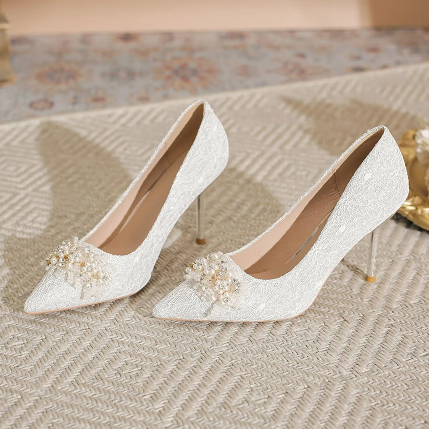 Women's Pointed Closed Toe High Heel Pumps Dressy Pearl Flowers Lace Mesh Bridal Wedding Stilettos Heels Comfort Slip On Party Prom Dress Pumps