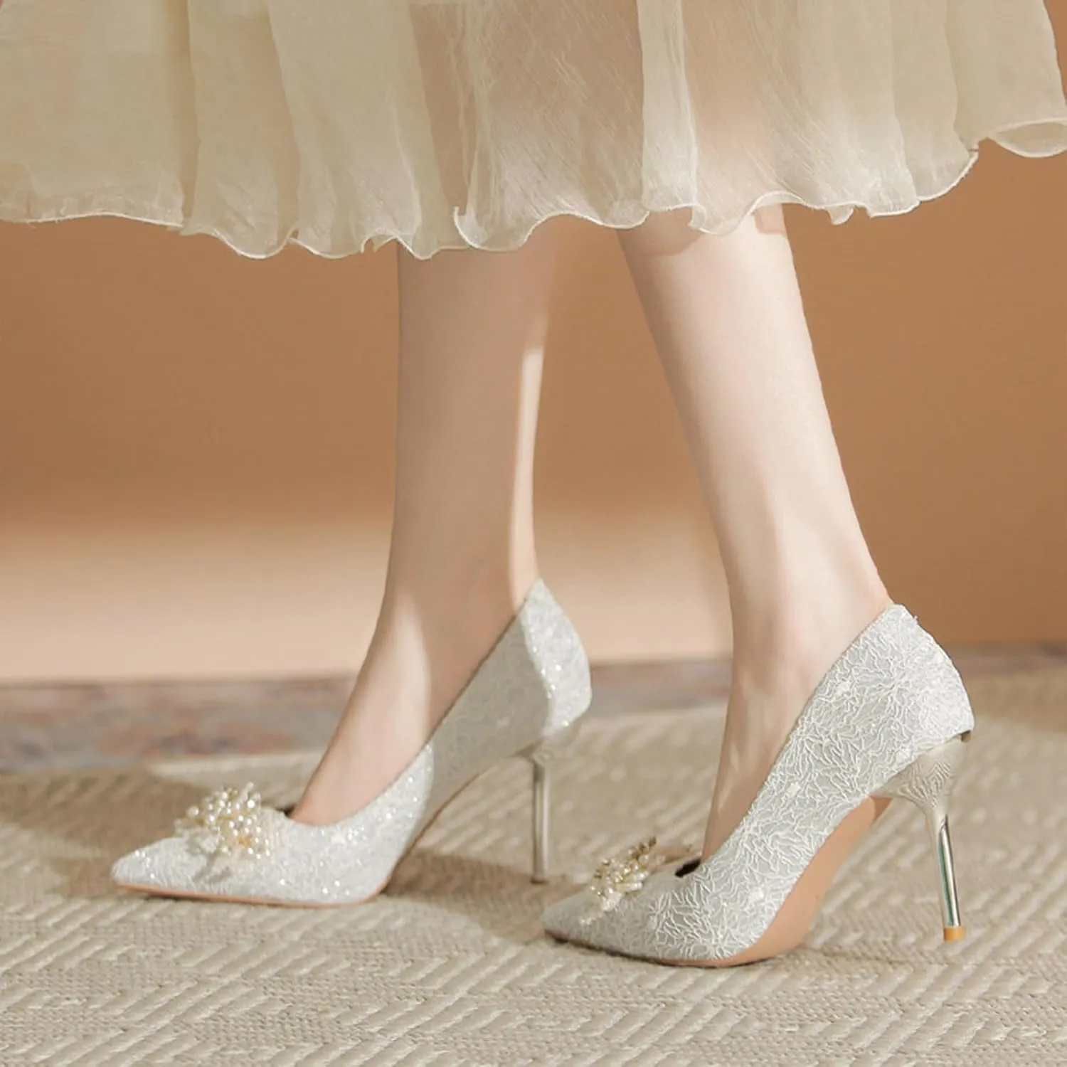 Women's Pointed Closed Toe High Heel Pumps Dressy Pearl Flowers Lace Mesh Bridal Wedding Stilettos Heels Comfort Slip On Party Prom Dress Pumps