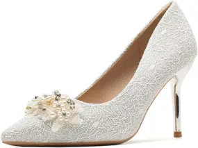 Women's Pointed Closed Toe High Heel Pumps Dressy Pearl Flowers Lace Mesh Bridal Wedding Stilettos Heels Comfort Slip On Party Prom Dress Pumps